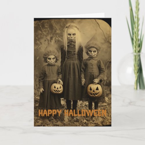 Retro Halloween creepy kids with carved pumpkins Holiday Card