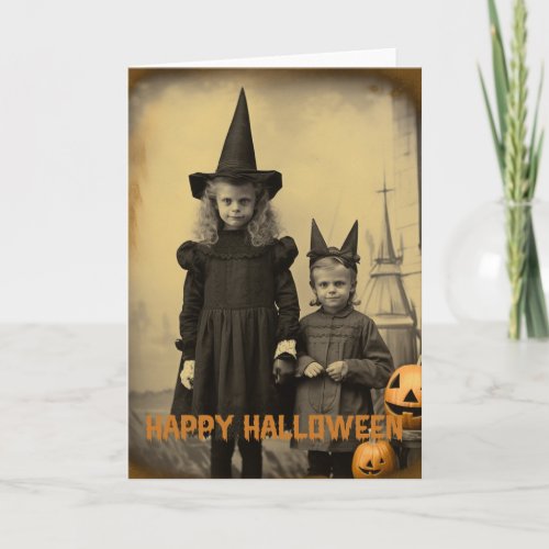 Retro Halloween creepy kids with carved pumpkins Holiday Card