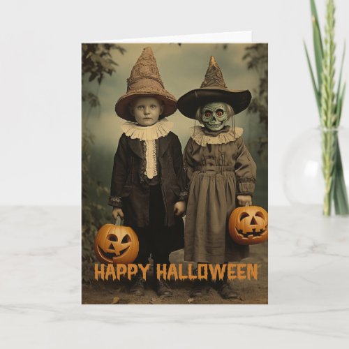 Retro Halloween creepy kids with carved pumpkins Holiday Card