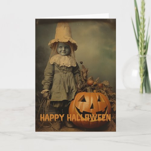 Retro Halloween creepy kids with carved pumpkins Holiday Card