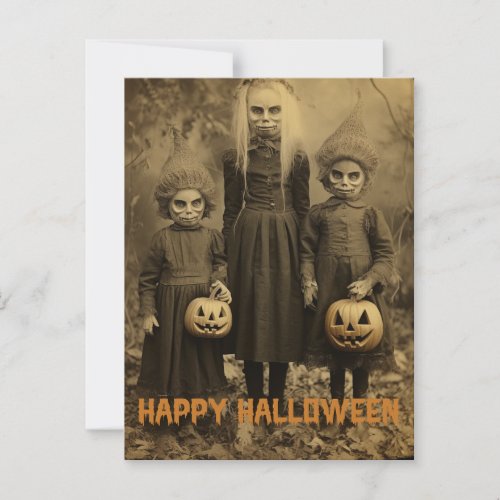 Retro Halloween creepy kids with carved pumpkins Postcard