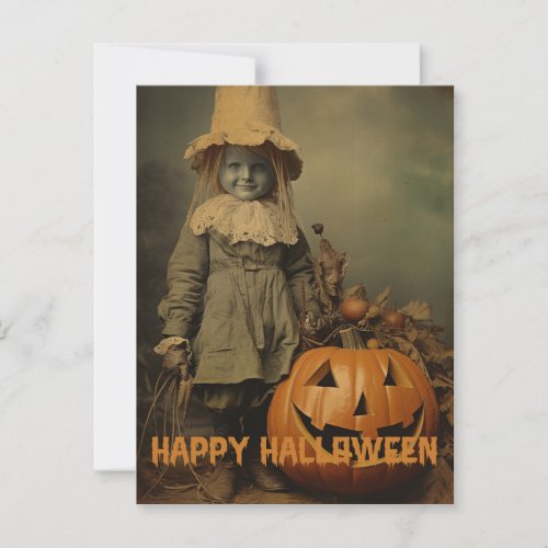 Retro Halloween creepy kids with carved pumpkins Postcard