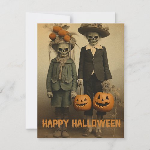 Retro Halloween creepy kids with carved pumpkins Postcard