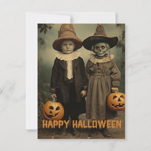 Retro Halloween creepy kids with carved pumpkins Postcard