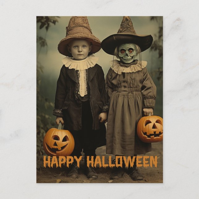 Retro Halloween creepy kids with carved pumpkins Postcard (Front)