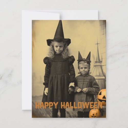 Retro Halloween creepy kids with carved pumpkins Postcard