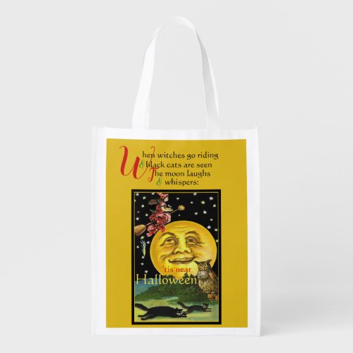 Retro Halloween Eery Moon Watching Witch with Poem Grocery Bag