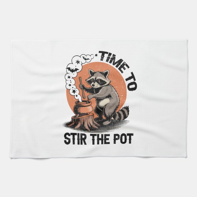 Retro Halloween Feral Time to Stir The Pot Kitchen Towel (Horizontal)