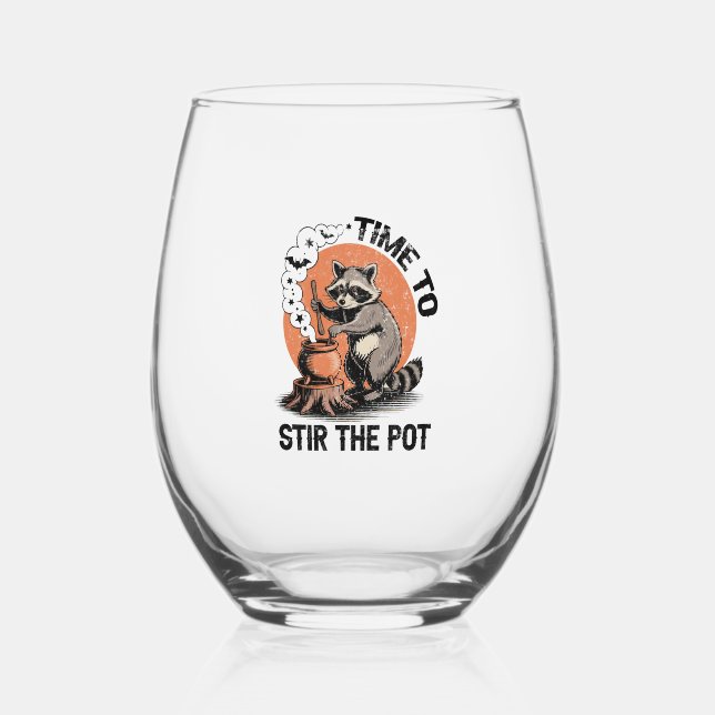 Retro Halloween Feral Time to Stir The Pot Stemless Wine Glass (Front)