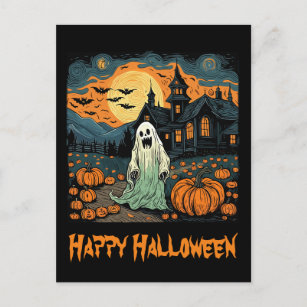 Retro Halloween Ghost Creepy Pumpkin Full Moon Postcard