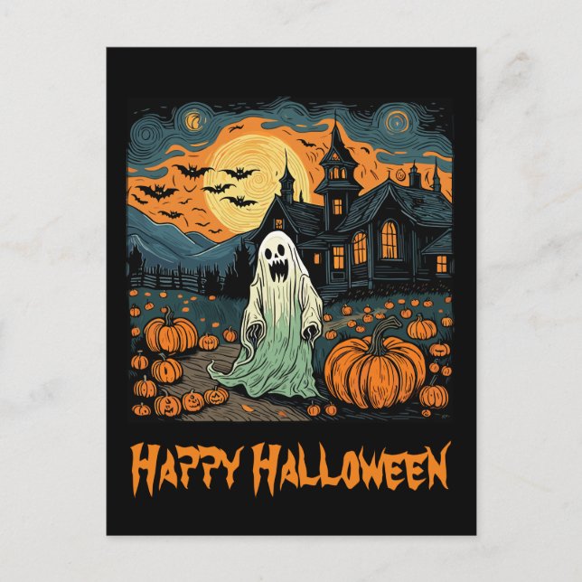Retro Halloween Ghost Creepy Pumpkin Full Moon Postcard (Front)