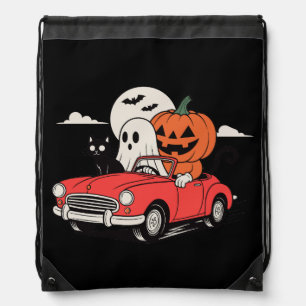 Retro Halloween Ghost Driving Red Car T-Shirt Drawstring Bag