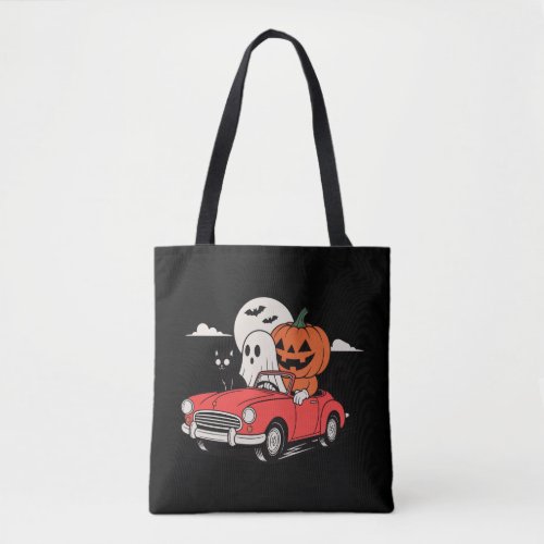Retro Halloween Ghost Driving Red Car T-Shirt Tote Bag