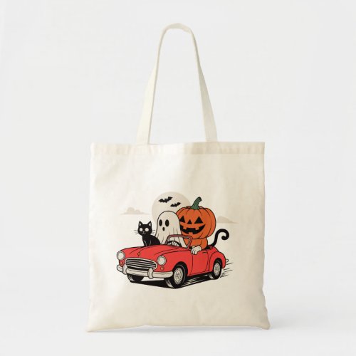 Retro Halloween Ghost Driving Red Car Tote Bag