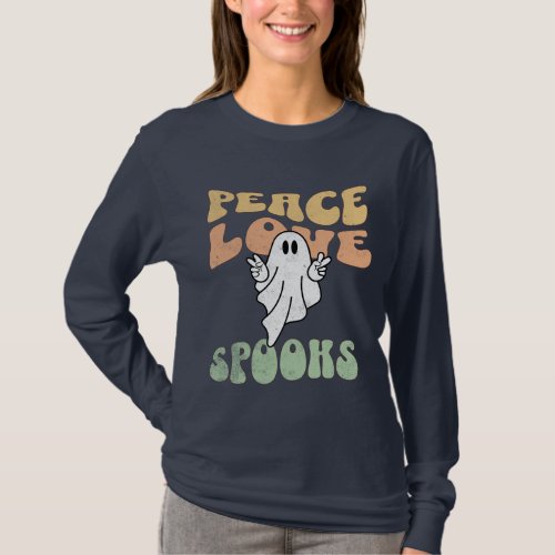 Retro Halloween Ghost Groovy Peace Love Spooks T_Shirt