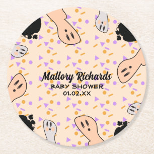 Retro Halloween Ghost Our Little Boo Baby Shower Round Paper Coaster