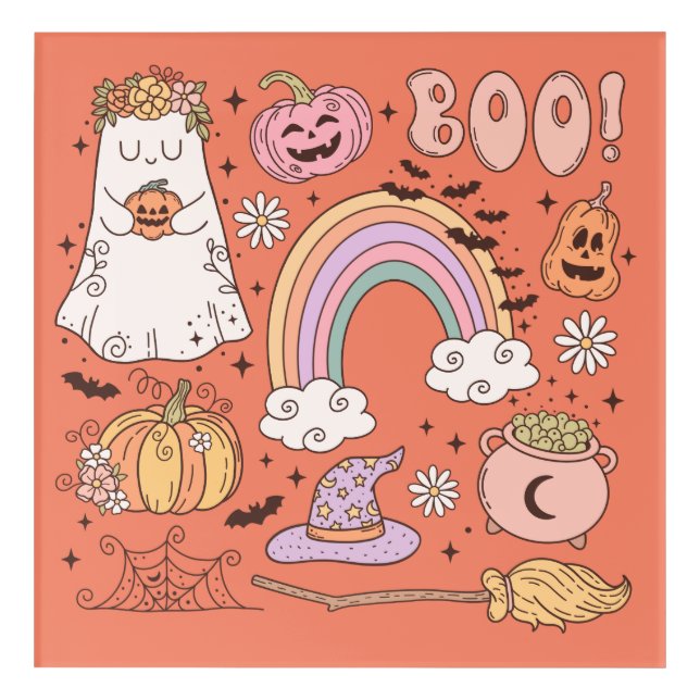 Retro Halloween Ghost Pumpkin Spider Web Witch Hat Acrylic Print (Front)