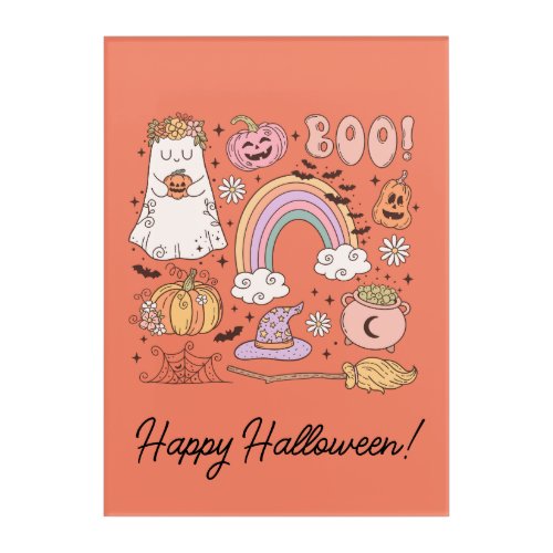 Retro Halloween Ghost Pumpkin Spider Web Witch Hat Acrylic Print