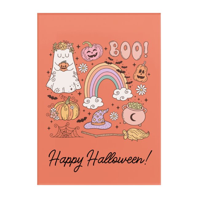 Retro Halloween Ghost Pumpkin Spider Web Witch Hat Acrylic Print (Front)