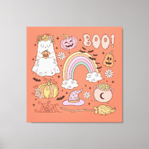 Retro Halloween Ghost Pumpkin Spider Web Witch Hat Canvas Print