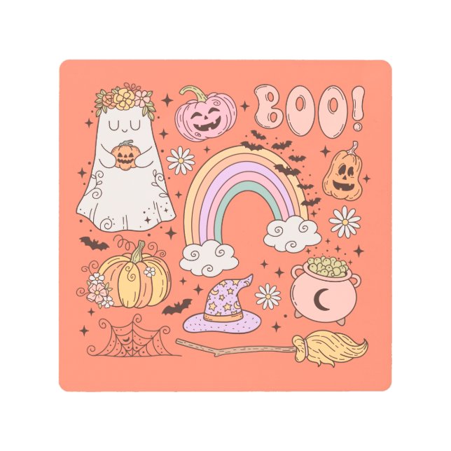 Retro Halloween Ghost Pumpkin Spider Web Witch Hat Metal Print (Front)