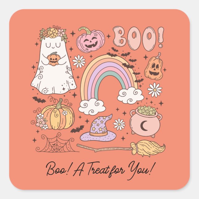 Retro Halloween Ghost Pumpkin Spider Web Witch Hat Square Sticker (Front)