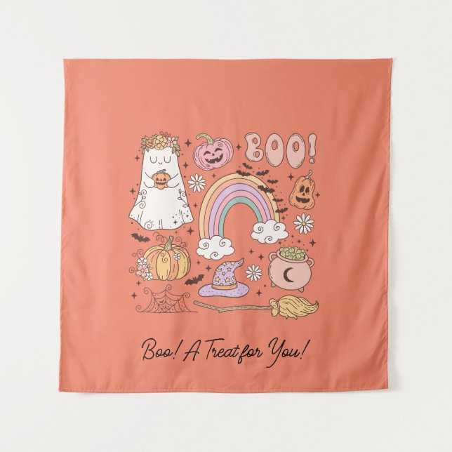 Retro Halloween Ghost Pumpkin Spider Web Witch Hat Tapestry (Front)