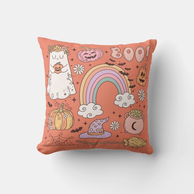Retro Halloween Ghost Pumpkin Spider Web Witch Hat Throw Pillow (Front)