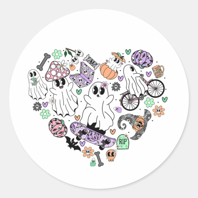 Retro Halloween Ghosts and Pumpkin Heart shape Classic Round Sticker (Front)