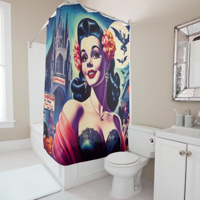 Retro Halloween Girl Shower Curtain (In Situ)