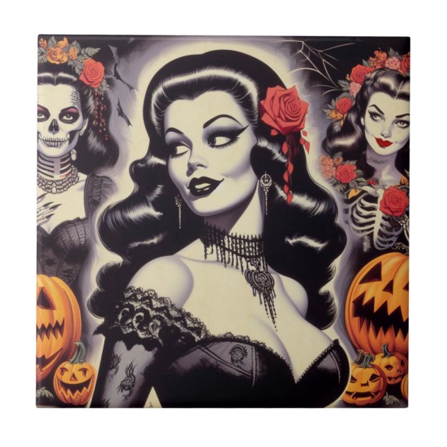 Retro Halloween Goth Pin-up Ceramic Tile (Front)