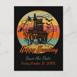Retro Halloween Happy Haunting Haunted House Announcement Postcard