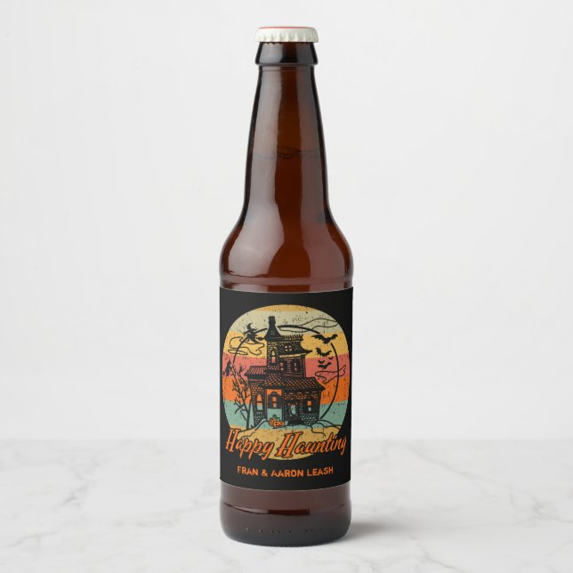 Retro Halloween Happy Haunting Haunted House Beer Bottle Label (Front)