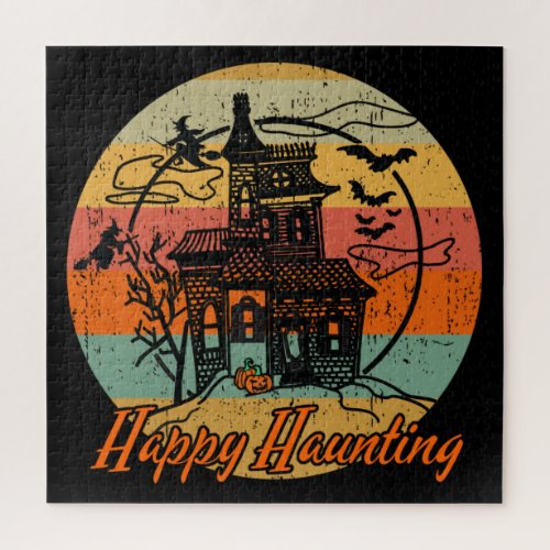 Retro Halloween Happy Haunting Haunted House Jigsaw Puzzle
