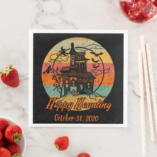 Retro Halloween Happy Haunting Haunted House Paper Dinner Napkins (Insitu)