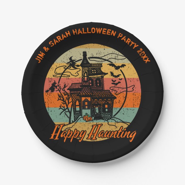 Retro Halloween Happy Haunting Haunted House Paper Plates (Front)