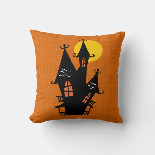 Retro Halloween Haunted House Throw Pillow (Front)