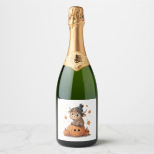 Retro Halloween Highland Cow 2 Sparkling Wine Label