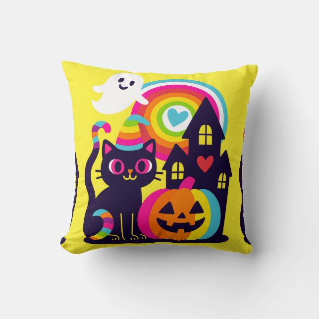  Retro Halloween Kawaii Black Cat, Pumpkin design Throw Pillow (Front)