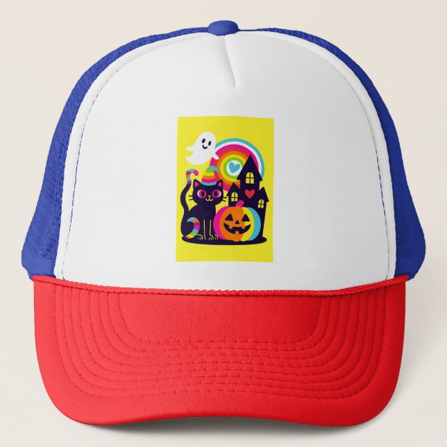  Retro Halloween Kawaii Black Cat, Pumpkin design Trucker Hat (Front)