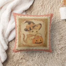 Retro Halloween Kitten Pillow