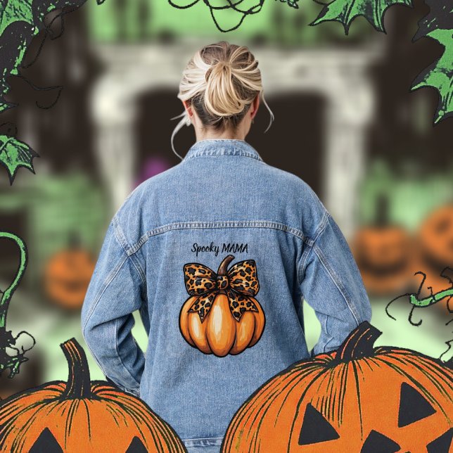 Retro Halloween Leopart Pumpkin Bow Coquette Denim Jacket (Retro Halloween Leopart Pumpkin Bow Coquette Denim Jacket)