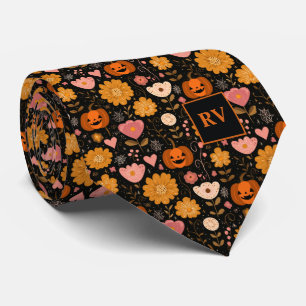 Retro Halloween Orange Pumpkins Pink Heart Flowers Neck Tie