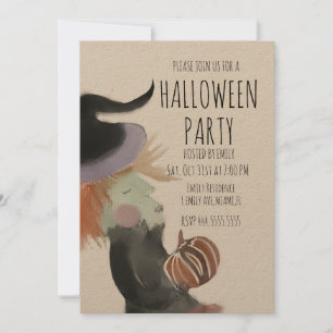 Retro Halloween Party Watercolor Witch Pumpkin Invitation