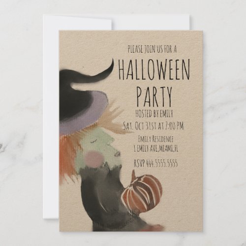Retro Halloween Party Watercolor Witch Pumpkin   Invitation