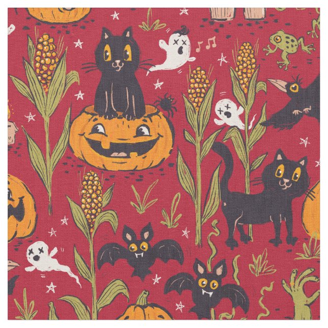 Retro Halloween pattern in vintage cartoon style. Fabric (Close Up)