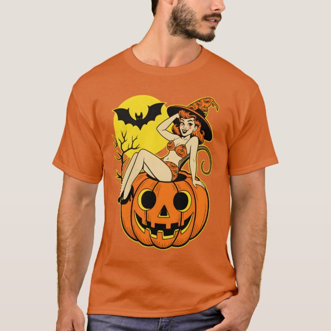 Retro Halloween Pinup Witch on Pumpkin T-Shirt (Front)