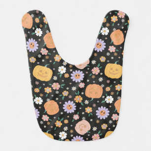 Retro Halloween Pumpkins and Flowers Pattern Baby Bib
