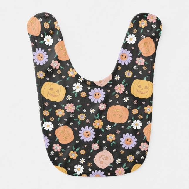 Retro Halloween Pumpkins and Flowers Pattern Baby Bib (Front)