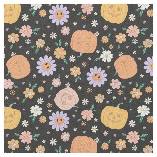 Retro Halloween Pumpkins and Flowers Pattern Fabric (Close Up)